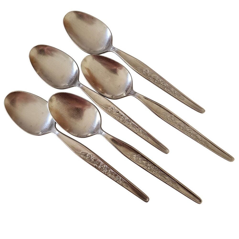 5 Elden Vintage Flower Soup Spoon stainless 7" Rose  Midcentury Colonial EDL5